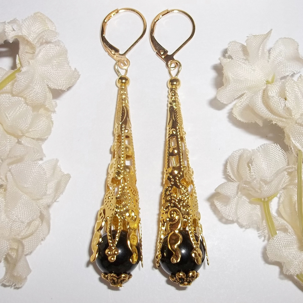 Long Gold & Black Earring Set Elegant NWT 4750